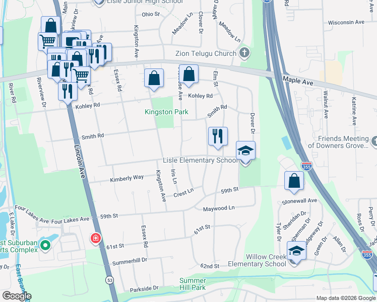 map of restaurants, bars, coffee shops, grocery stores, and more near 636 South Road in Lisle