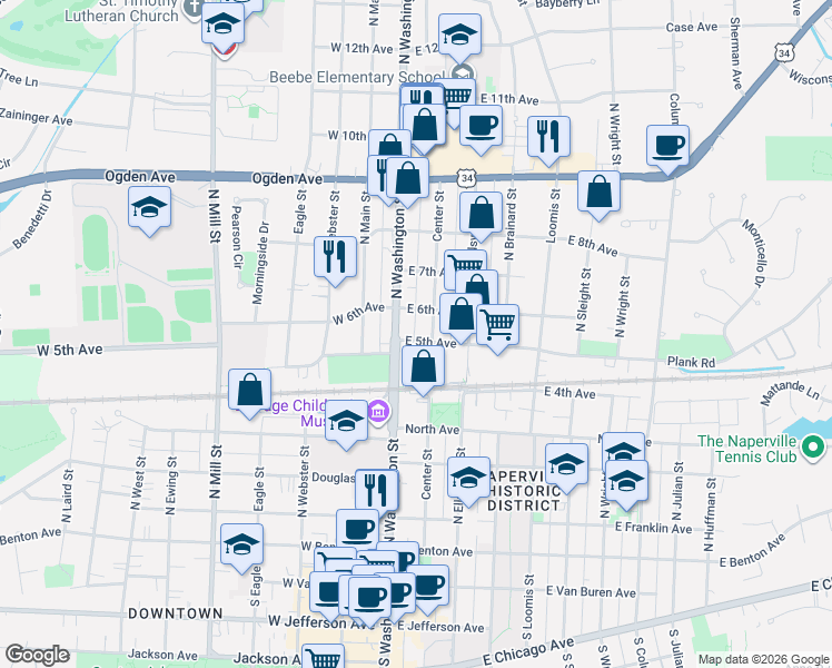 map of restaurants, bars, coffee shops, grocery stores, and more near 36 East 5th Avenue in Naperville