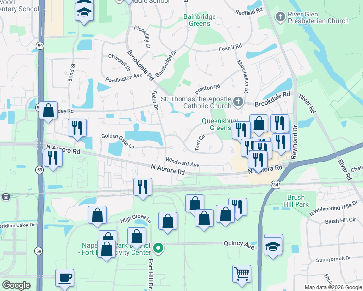 map of restaurants, bars, coffee shops, grocery stores, and more near 1639 Hinterlong Lane in Naperville