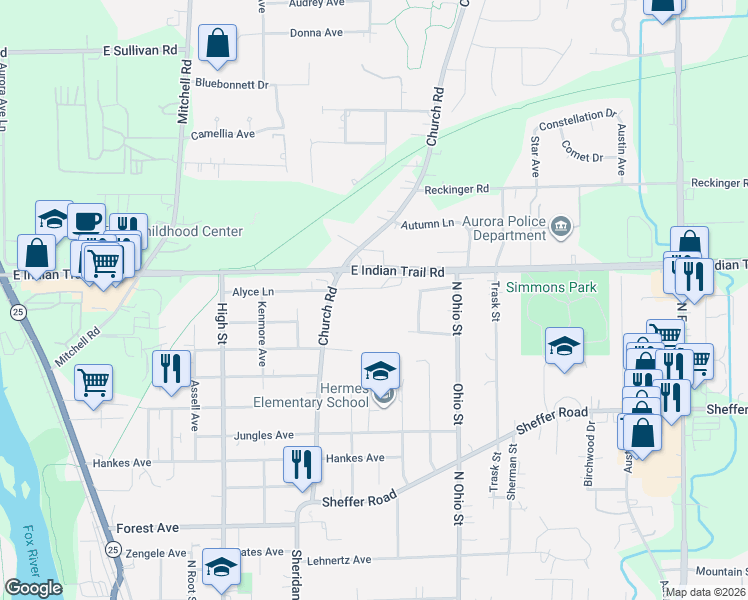map of restaurants, bars, coffee shops, grocery stores, and more near 1005 Brouch Lane in Aurora