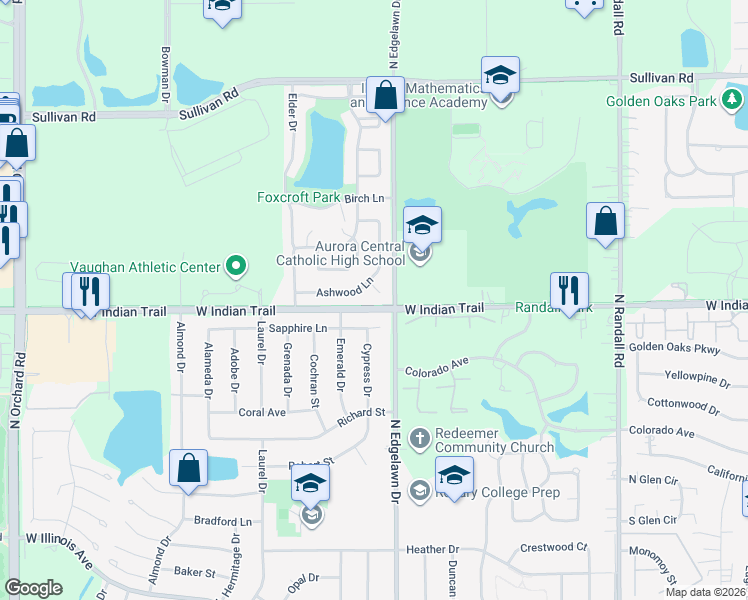 map of restaurants, bars, coffee shops, grocery stores, and more near 1881 Sapphire Lane in Aurora