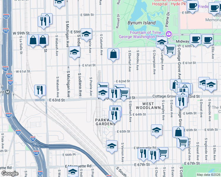 map of restaurants, bars, coffee shops, grocery stores, and more near 64325 South Doctor Martin Luther King Junior Drive in Chicago