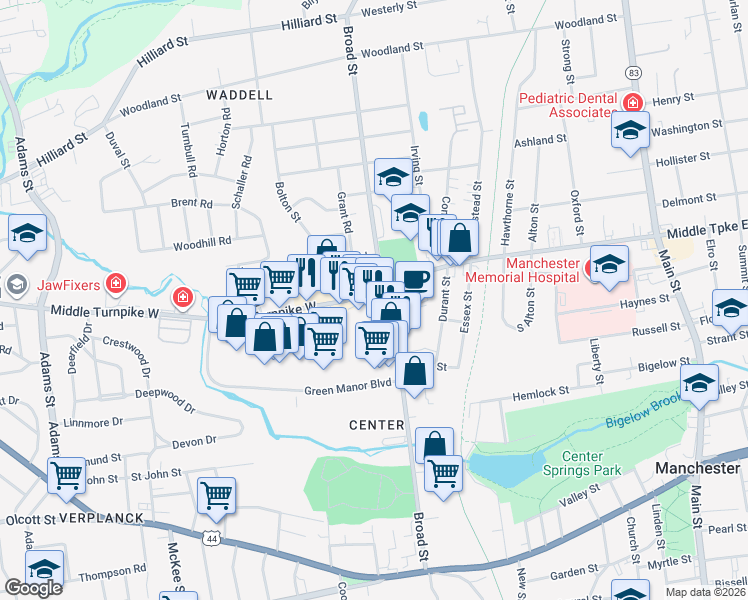 map of restaurants, bars, coffee shops, grocery stores, and more near 246 Broad Street in Manchester