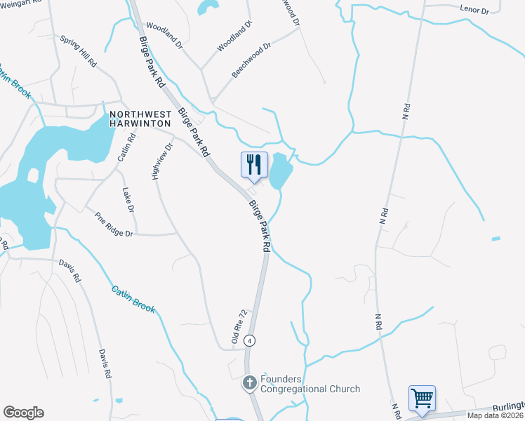 map of restaurants, bars, coffee shops, grocery stores, and more near 190 Birge Park Road in Harwinton