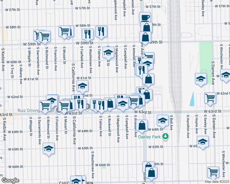 map of restaurants, bars, coffee shops, grocery stores, and more near 2519 West 62nd Street in Chicago