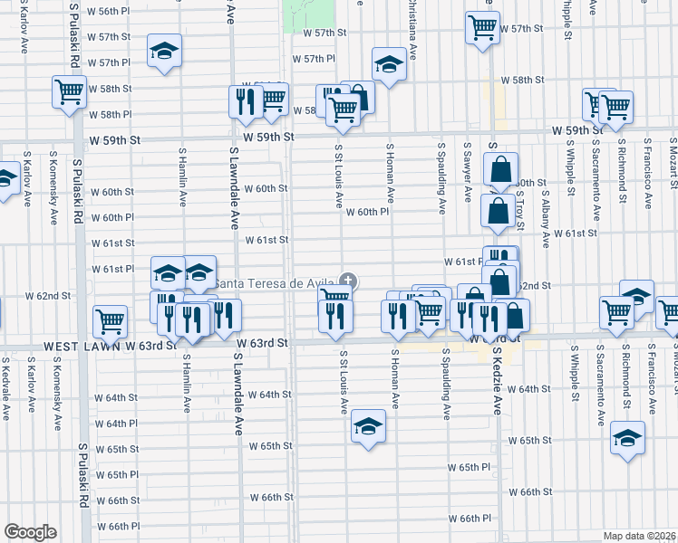 map of restaurants, bars, coffee shops, grocery stores, and more near 3512 West 62nd Street in Chicago