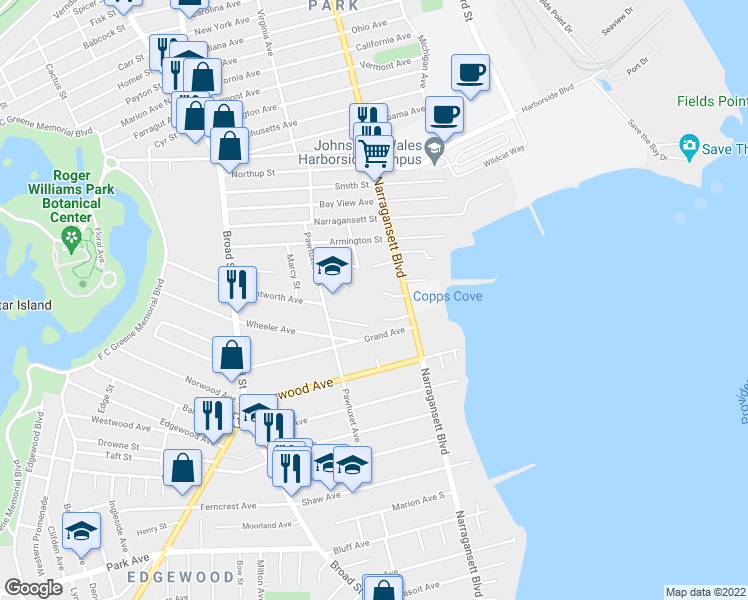 map of restaurants, bars, coffee shops, grocery stores, and more near 1157 Narragansett Boulevard in Cranston