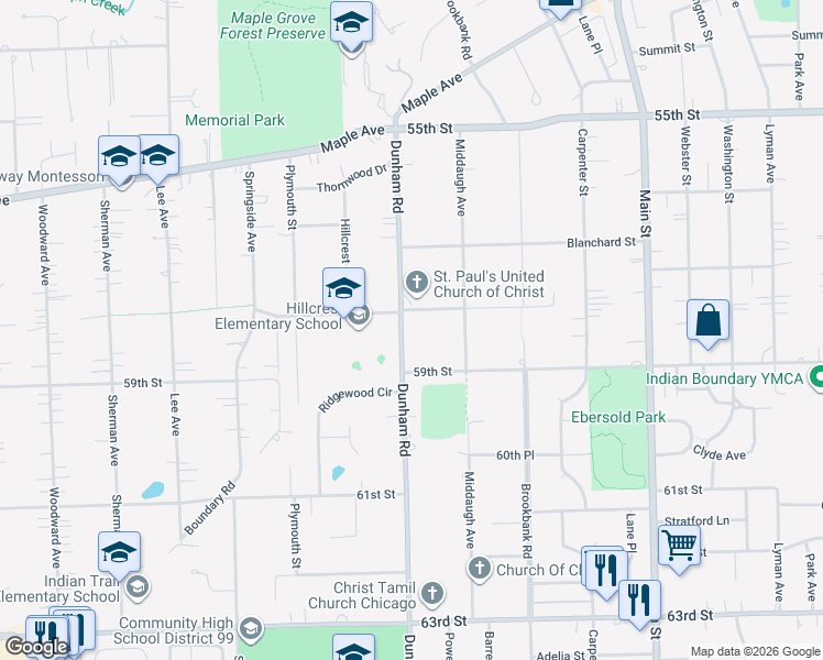map of restaurants, bars, coffee shops, grocery stores, and more near 5819 Dunham Road in Downers Grove