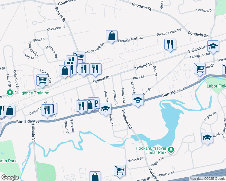 map of restaurants, bars, coffee shops, grocery stores, and more near 33 William Street in East Hartford