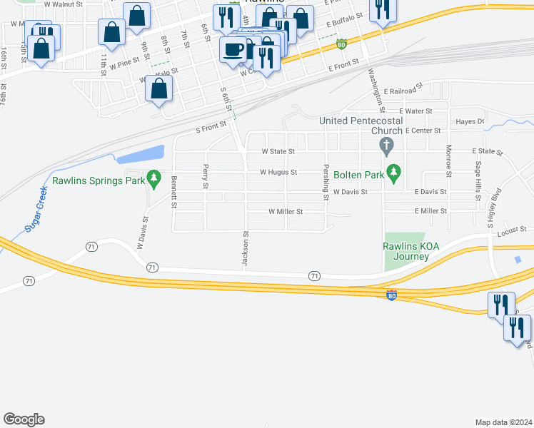 map of restaurants, bars, coffee shops, grocery stores, and more near 548 West Miller Street in Rawlins