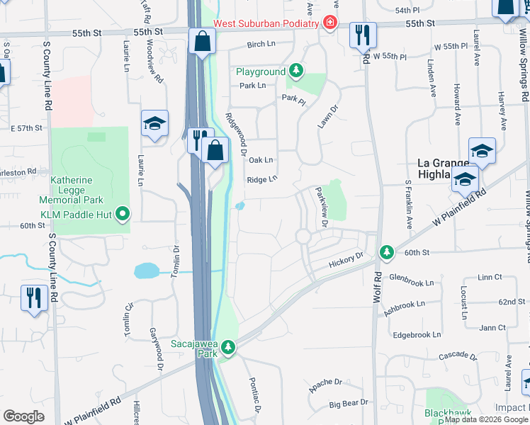 map of restaurants, bars, coffee shops, grocery stores, and more near 5906 Juniper Court in Western Springs