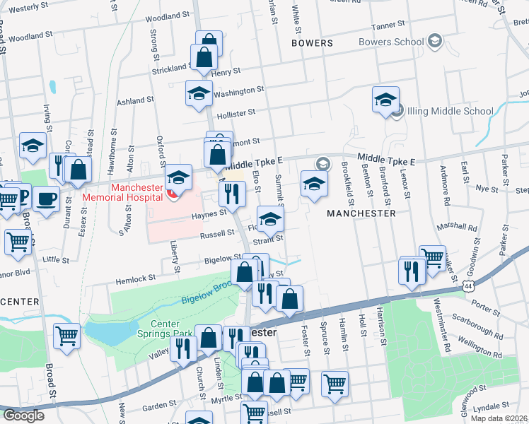 map of restaurants, bars, coffee shops, grocery stores, and more near 6 Elro Street in Manchester