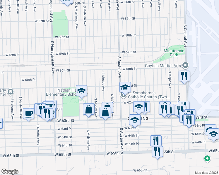 map of restaurants, bars, coffee shops, grocery stores, and more near 6117 South McVicker Avenue in Chicago