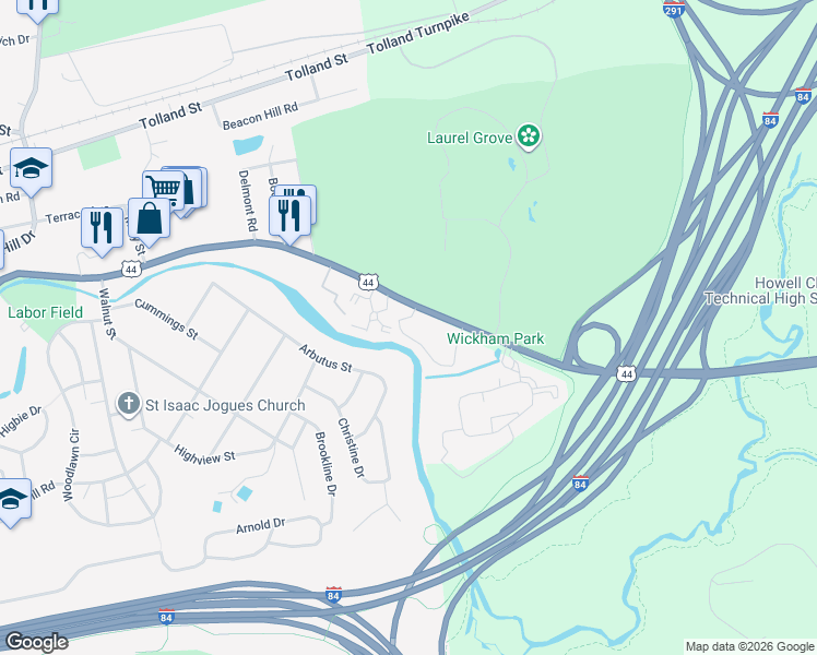 map of restaurants, bars, coffee shops, grocery stores, and more near 166R Arbutus Street in East Hartford