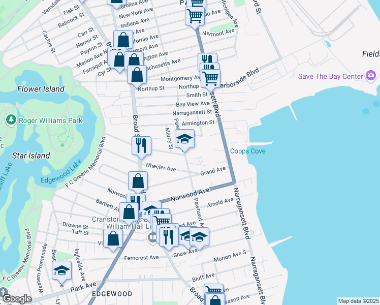 map of restaurants, bars, coffee shops, grocery stores, and more near 160 Pawtuxet Avenue in Cranston