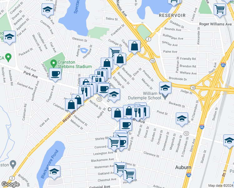 map of restaurants, bars, coffee shops, grocery stores, and more near 196 Elsie Street in Cranston