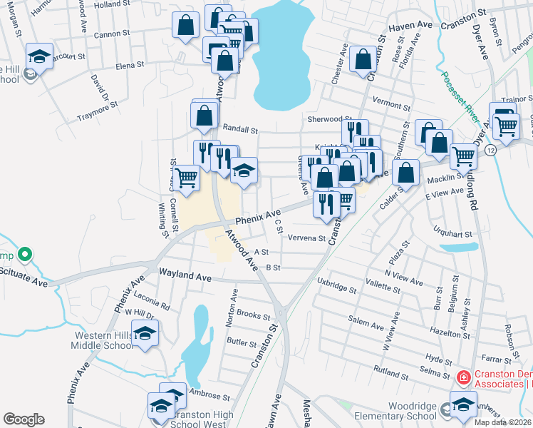 map of restaurants, bars, coffee shops, grocery stores, and more near 11 C Street in Cranston