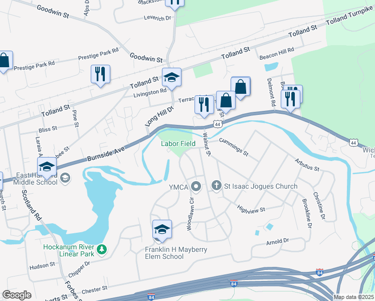 map of restaurants, bars, coffee shops, grocery stores, and more near 26 Woodlawn Circle in East Hartford
