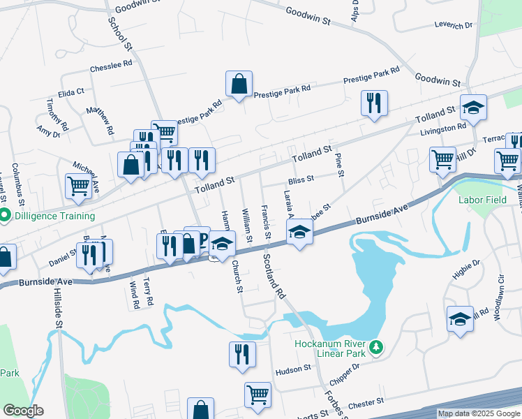 map of restaurants, bars, coffee shops, grocery stores, and more near 37 Francis Street in East Hartford