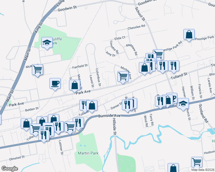 map of restaurants, bars, coffee shops, grocery stores, and more near 349 Park Avenue in East Hartford