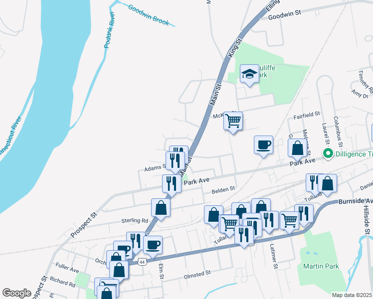 map of restaurants, bars, coffee shops, grocery stores, and more near 1589 Main Street in East Hartford