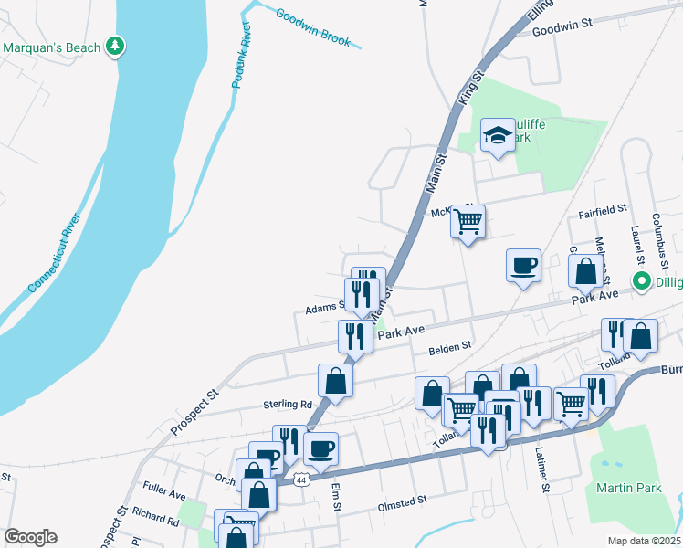 map of restaurants, bars, coffee shops, grocery stores, and more near 33 Springside Avenue in East Hartford
