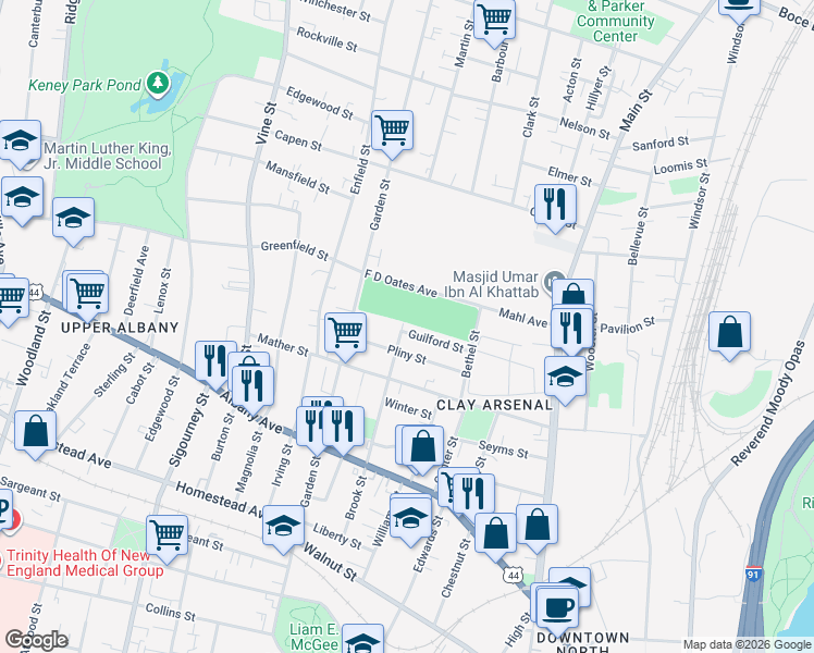 map of restaurants, bars, coffee shops, grocery stores, and more near 175 Brook Street in Hartford