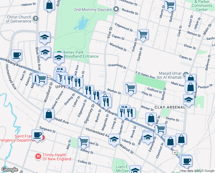 map of restaurants, bars, coffee shops, grocery stores, and more near 56 Vine Street in Hartford