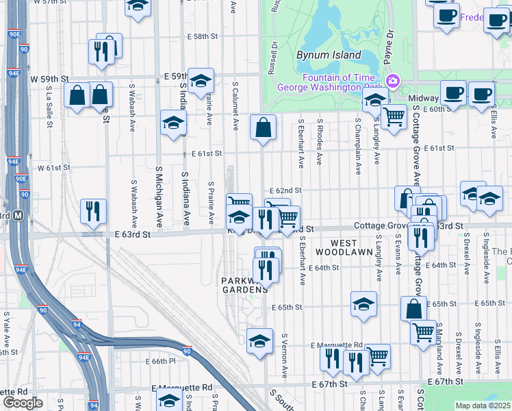 map of restaurants, bars, coffee shops, grocery stores, and more near 64325 South Doctor Martin Luther King Junior Drive in Chicago