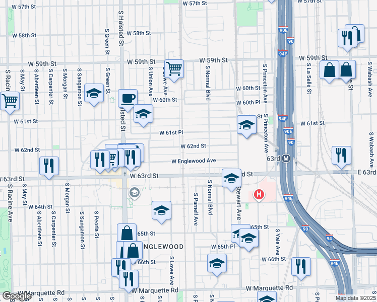 map of restaurants, bars, coffee shops, grocery stores, and more near 536 West Englewood Avenue in Chicago