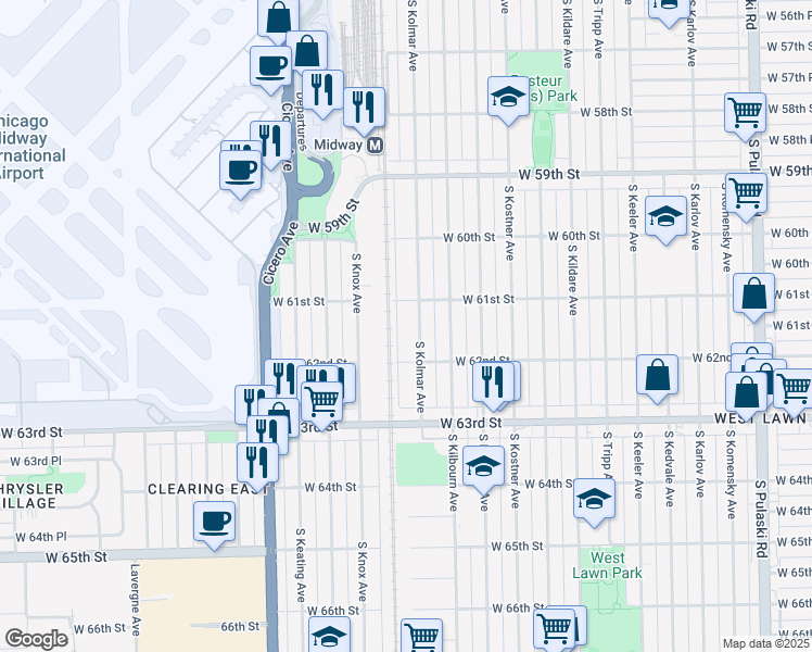 map of restaurants, bars, coffee shops, grocery stores, and more near 6136 South Kolmar Avenue in Chicago