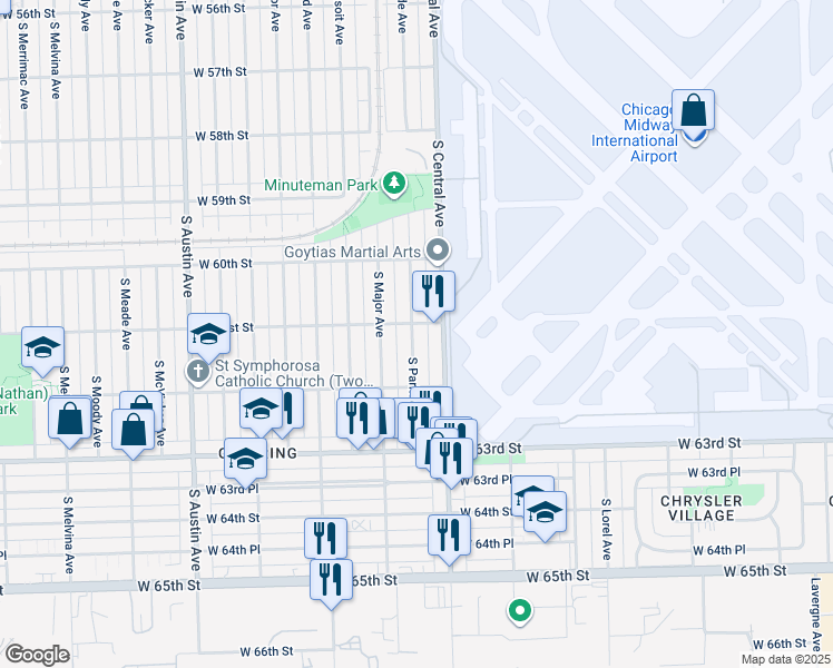 map of restaurants, bars, coffee shops, grocery stores, and more near 6122 South Parkside Avenue in Chicago