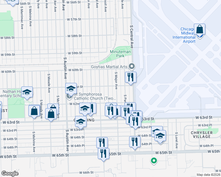 map of restaurants, bars, coffee shops, grocery stores, and more near 6123 South Massasoit Avenue in Chicago