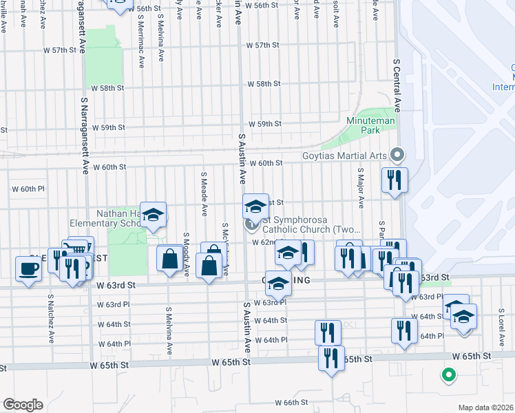 map of restaurants, bars, coffee shops, grocery stores, and more near 6111 South Austin Avenue in Chicago