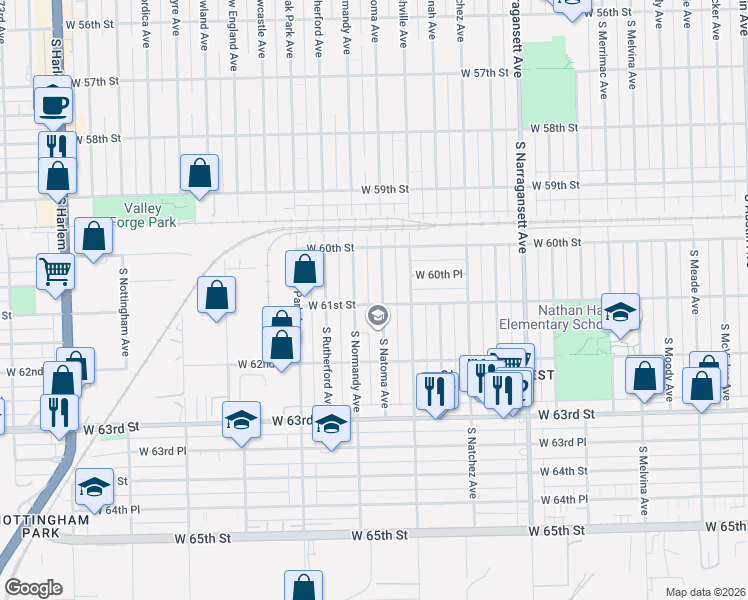 map of restaurants, bars, coffee shops, grocery stores, and more near 6107 South Natoma Avenue in Chicago