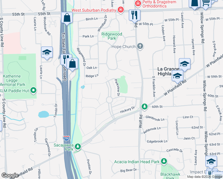 map of restaurants, bars, coffee shops, grocery stores, and more near 5910 Timber Trails Boulevard in Western Springs