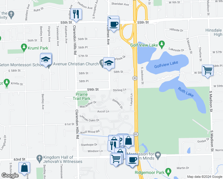 map of restaurants, bars, coffee shops, grocery stores, and more near 114 Macarthur Drive in Willowbrook