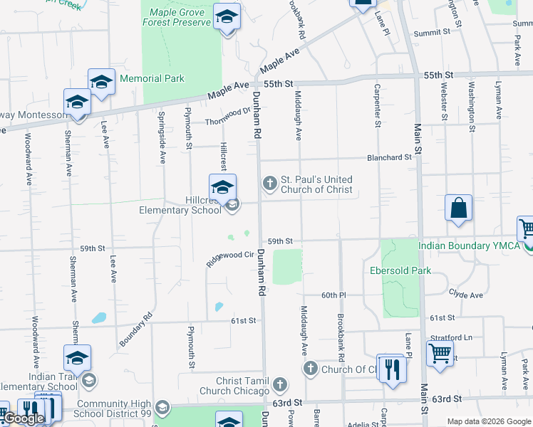 map of restaurants, bars, coffee shops, grocery stores, and more near 5819 Dunham Road in Downers Grove