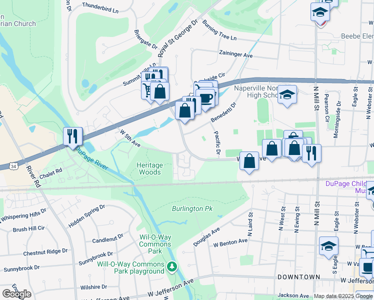 map of restaurants, bars, coffee shops, grocery stores, and more near 701 Royal Saint George Drive in Naperville