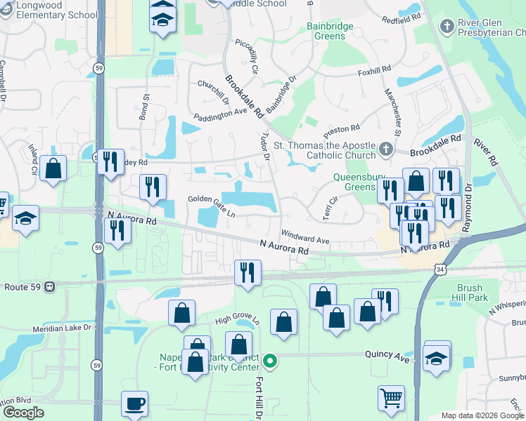 map of restaurants, bars, coffee shops, grocery stores, and more near 627 Lakeridge Court in Naperville