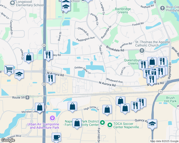 map of restaurants, bars, coffee shops, grocery stores, and more near 625 Waterview Court in Naperville
