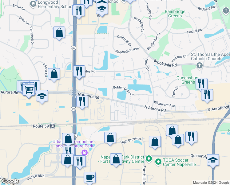 map of restaurants, bars, coffee shops, grocery stores, and more near 1994 Golden Gate Lane in Naperville