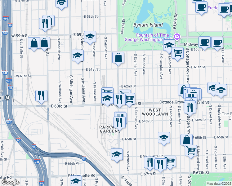 map of restaurants, bars, coffee shops, grocery stores, and more near 64325 South Doctor Martin Luther King Junior Drive in Chicago