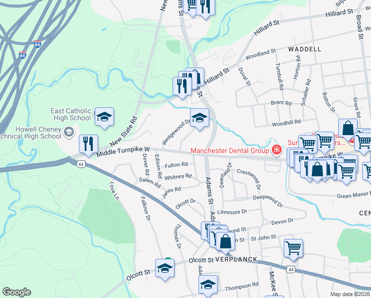map of restaurants, bars, coffee shops, grocery stores, and more near 587 Middle Turnpike West in Manchester