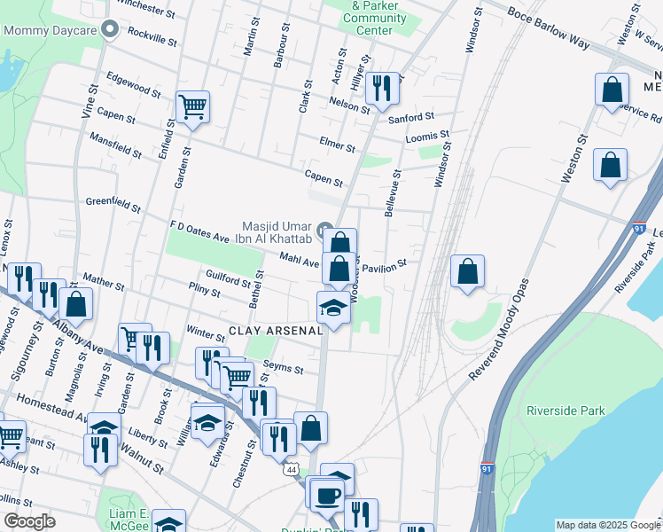 map of restaurants, bars, coffee shops, grocery stores, and more near Main St & Pavilion St in Hartford