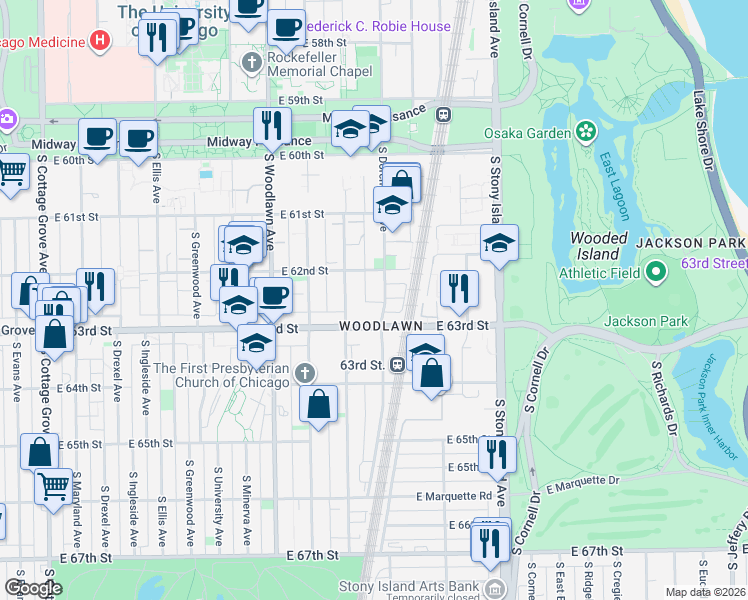 map of restaurants, bars, coffee shops, grocery stores, and more near 6243 South Kenwood Avenue in Chicago