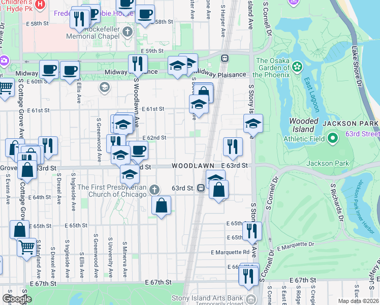 map of restaurants, bars, coffee shops, grocery stores, and more near 6234 South Dorchester Avenue in Chicago