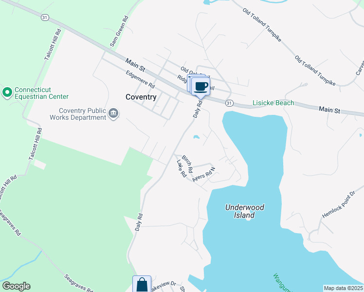 map of restaurants, bars, coffee shops, grocery stores, and more near 5 Lake Road in Coventry