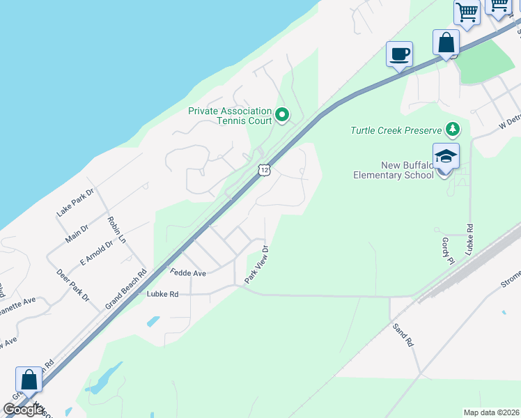 map of restaurants, bars, coffee shops, grocery stores, and more near 18722 Park View Drive in New Buffalo