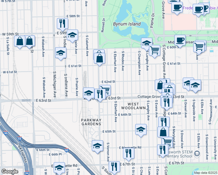 map of restaurants, bars, coffee shops, grocery stores, and more near 6221 South Vernon Avenue in Chicago